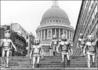 [Cybermen walk the streets of London.]