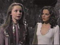 [Romana with Princess Astra, in reality a segment of the Key to Time.]